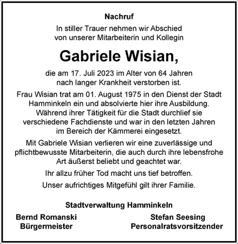 Traueranzeigen Von Gabriele Wisian Trauer In Nrw De