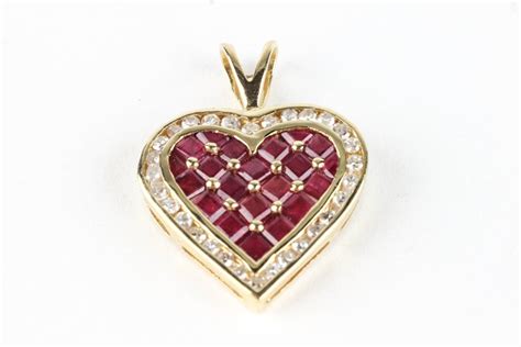 14k Yellow Gold Diamond And Ruby Heart Pendant Ebth