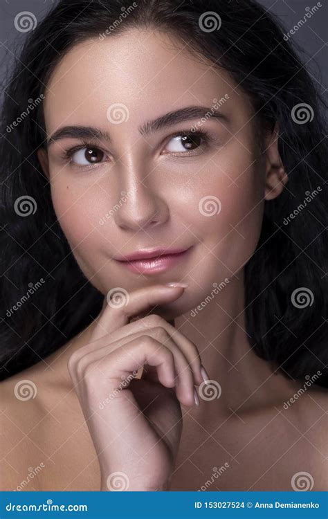 Close Up Portrait Of Brunette Woman With Flawless Clean Skin Natural