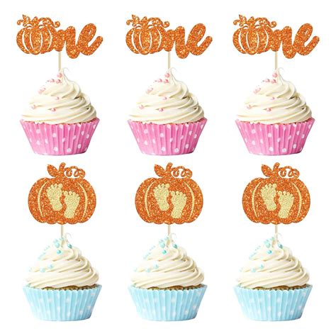 Gyufise 24pcs Pumpkin One Cupcake Toppers Glitter Baby Feet