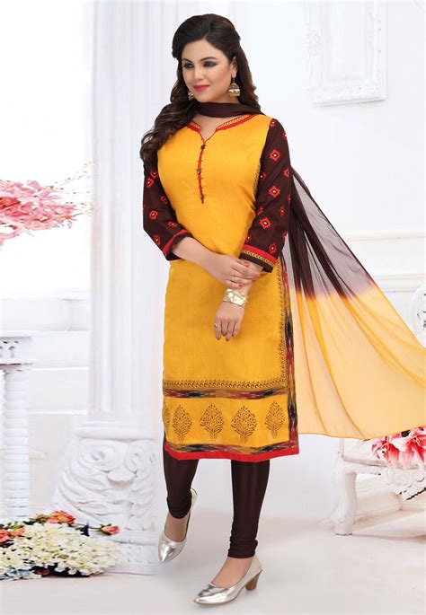 Yellow Cotton Silk Readymade Churidar Suit Churidar Suits