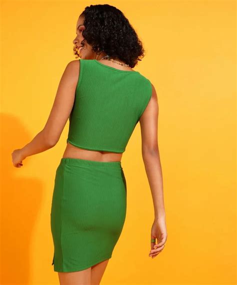 Polyester Sleeveless Popwings Women Casual Green Crop Top And Skirt Co