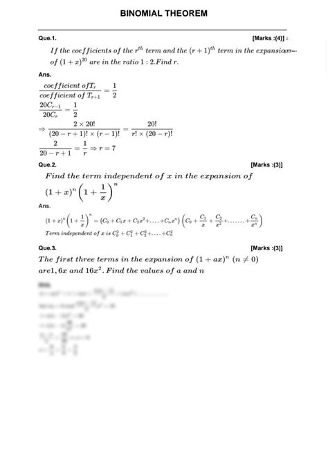 Solution Plus One Mathematics Chapter Binomial Theorem Important