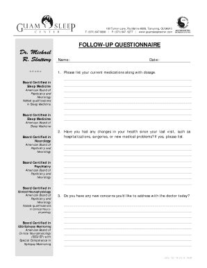 Fillable Online FOLLOW UP QUESTIONNAIRE Dr Michael R Slattery Fax Email