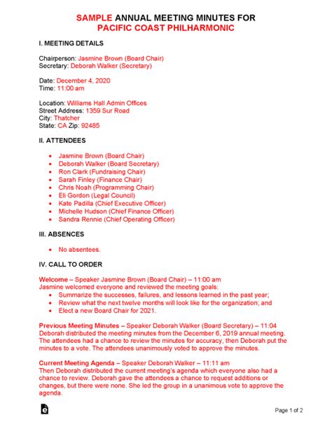 Free Annual Meeting Minutes Template - PDF | Word – eForms