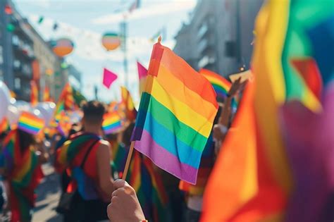 Um desfile de pessoas segurando bandeiras arco íris no estilo de