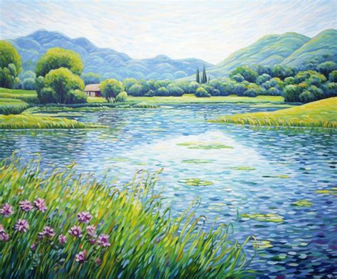 A Painting Of A Lake With Mountains In The Background And Purple