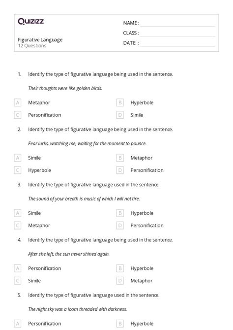 Figurative Language Worksheets For Th Grade On Quizizz Free