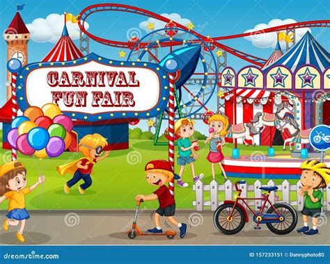 An Outdoor Funfair Scene With Many Children Playing Stock Vector