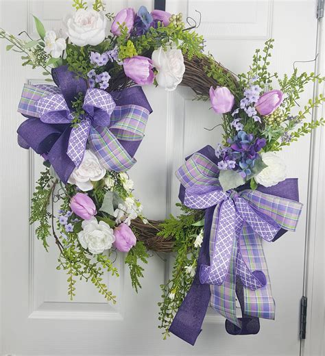 Purple Spring Tulip Wreath With Bows For Door Everyday Etsy Tulip