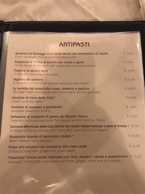 Menu Da Il Vecchio Mulino Ristorante Con Griglia Arzachena