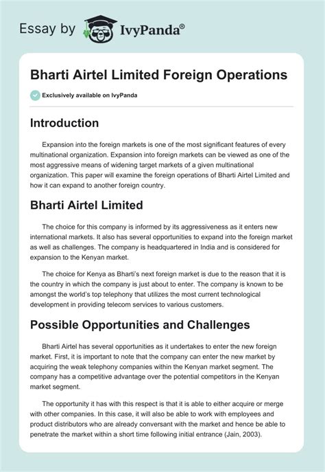 Bharti Airtel Limited Foreign Operations 895 Words Essay Example