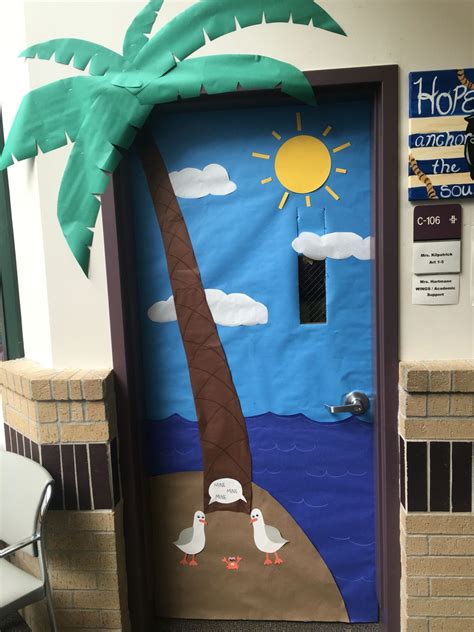 A Door Decorated With A Palm Tree And Two Seagulls Sitting On The Beach