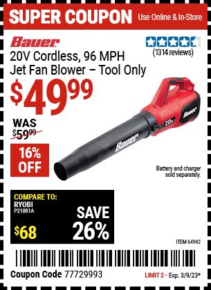 BAUER 20V Cordless Jet Fan Blower for $49.99 – Harbor Freight Coupons