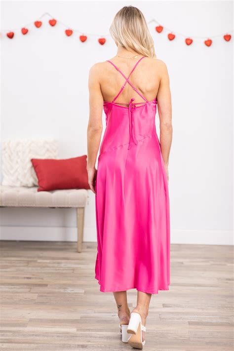 Hot Pink Satin Feel Maxi Dress With Slit · Filly Flair