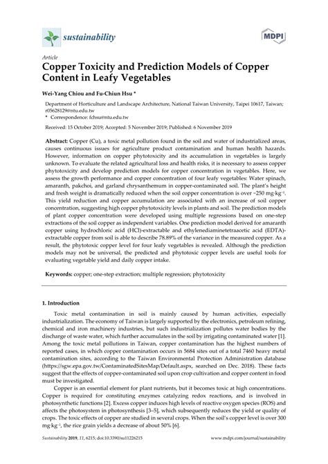 Pdf Copper Toxicity And Prediction Models Of Copper Content In Leafy Vegetables