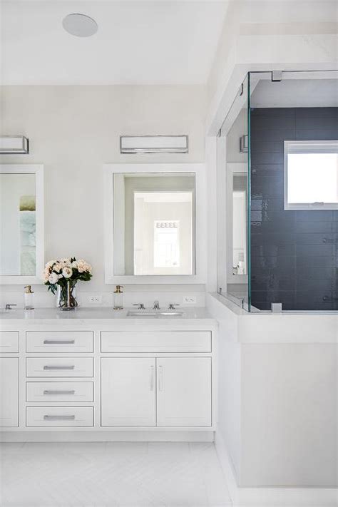 White Mirrors With White Dual Bath Vanity Transitional Bathroom