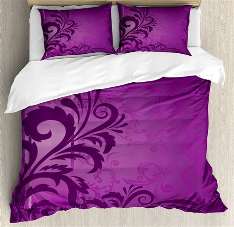 Purple Duvet Cover Set Spiral Floral Branch Leaves On The Vertical Border Retro Style Abstract