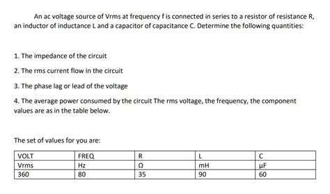 SOLVED An Ac Voltage Source Of Vrms At Frequency Is Connected In