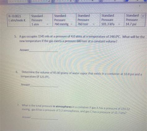 Solved R 0 0821 Latm Molek Standard Pressure 1 Atm Standard Chegg