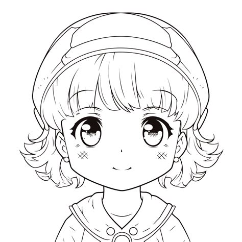 Coloring Pages Of Manga Anime Girl Character Wearing Hat Outline Sketch Drawing Vector, Anime ...