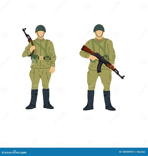 Soviet Soldiers With 1980`s Style Uniforms And Weapons Stock