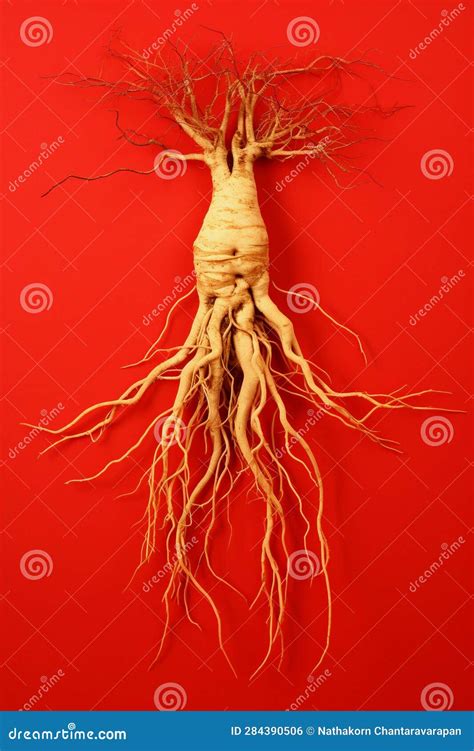 Ginseng Root With Roots On Red Background Stock Illustration