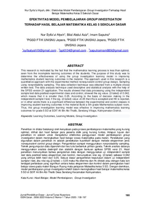 Pdf Efektivitas Model Pembelajaran Group Investigation Terhadap Hasil