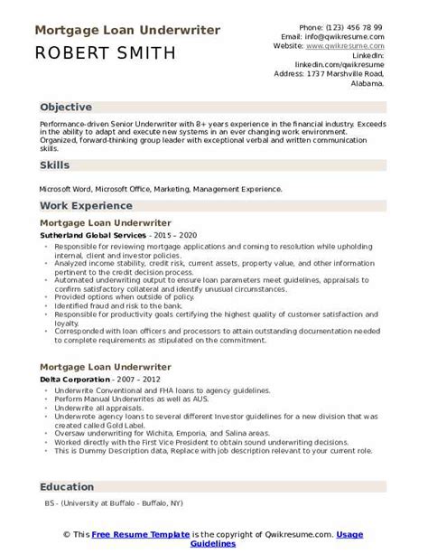 Mortgage Loan Underwriter Resume Samples Qwikresume