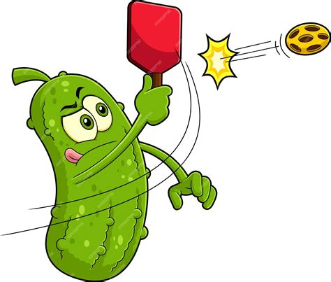 Premium Vector Funny Pickle Cartoon Character Hits A Pickleball Shot