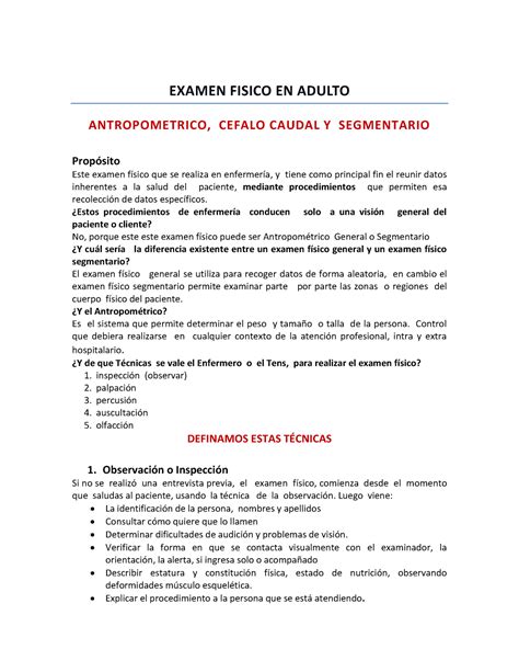 Valoración EXAMEN FISICO EN ADULTO ANTROPOMETRICO CEFALO CAUDAL Y