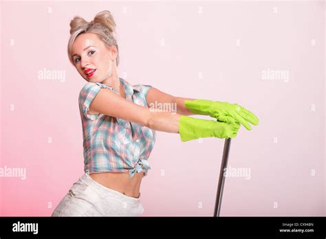 Cheerful Pin Up Girl Retro Style Portrait Pinup Woman Housewife Cleaner Mop Pink Background