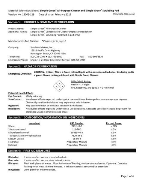 Msds For Simple Green All Purposecleaner