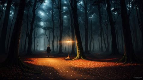 Premium AI Image A Man Stands In A Dark Forest With A Light On The