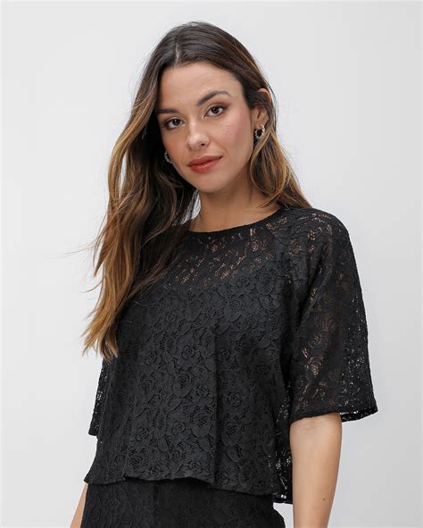 Riachuelo Blusa Cropped Ampla Em Renda Preta Ak By Riachuelo