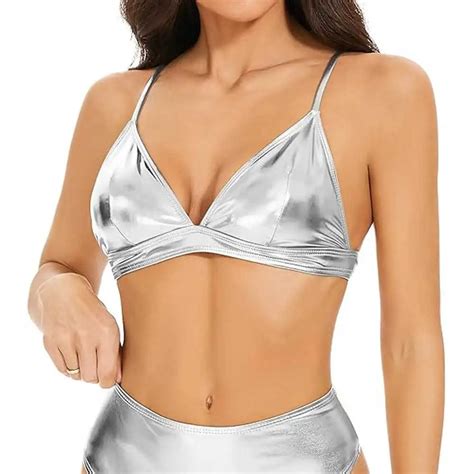 Sexy Hot Girls Micro Bikinis Beach Shiny Silver Metallic Bikini