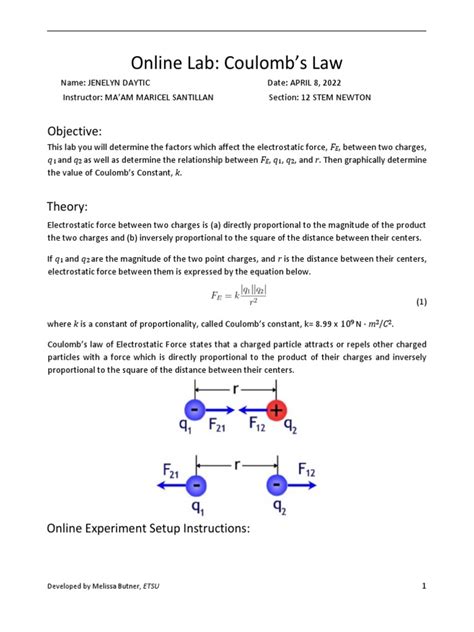 Coulombs Law Online Lab Pdf Force Electric Charge