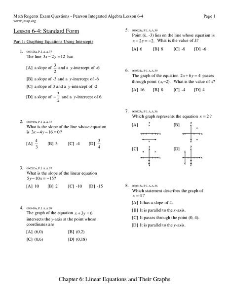 Standard Form of a Linear Equation Worksheet for 9th - 11th Grade ...