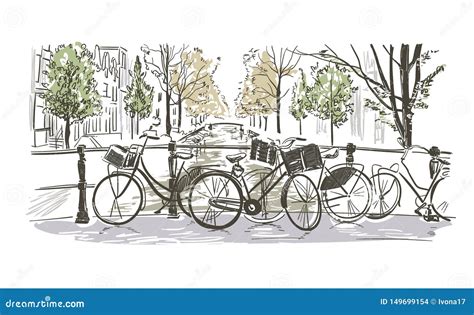 Amsterdam Bicycles Vector Illustration Sketch Watercolor Sketch Stock