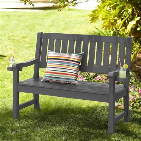 LUE BONA Dark Grey 2 Person Plastic Outdoor Bench With Cup Holder All