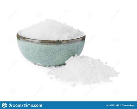 Ceramic Bowl And Heap Of Natural Sea Salt Isolated On White Stock Photo