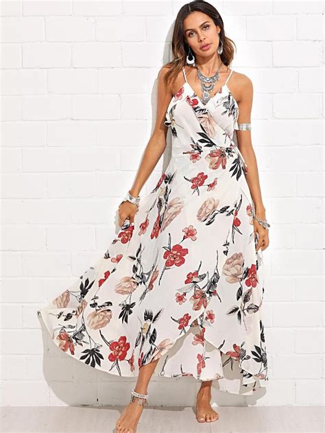 Shein Flower Print Ruffle Embellished Wrap Cami Dress Maxi Dress Wrap Cami Dress Boho Maxi Dress