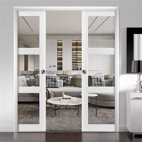 Sliding French Double Pocket Doors Clear Glass 3 Lites Lucia 2555 Matte White Kit Trims Rail