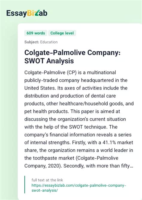 Colgate Palmolive Company Swot Analysis Business Essay Example