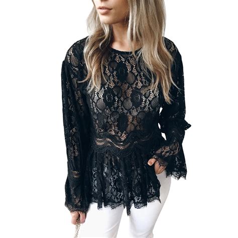 Ladies Semi Sheer Lace Blouse Womens Blouses And Tops Flare Long Sleeve O Neck Slim Pleated Hem