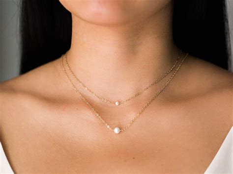 Double Layered Pearl Necklace Floating Pearl Necklace Etsy