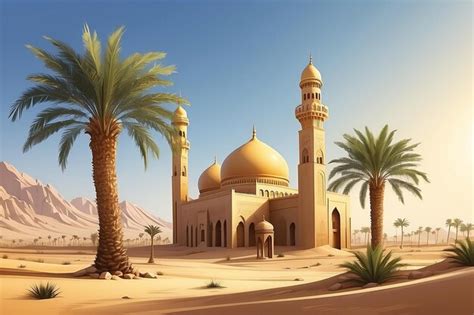 Premium Photo Golden Desert Islamic Mosque Date Palm Tree Arabian