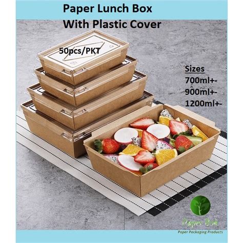 50pcs Paper Lunch Box With Plastic Lid Kraft Brown Paper Lunch Box