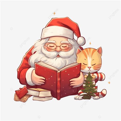 Cartoon Cute Christmas Santa Claus Reading Book And Sleeping Cat