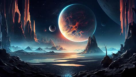 Futuristic Fantasy Landscape Sci Fi Landscape With Planet Neon Light Cold Planet Galaxy